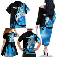 Blue Flame Bowling Ball and Pins Design Family Matching Off The Shoulder Long Sleeve Dress and Hawaiian Shirt with Smoke Effects and Custom Team Name Text - Wonder Print Shop