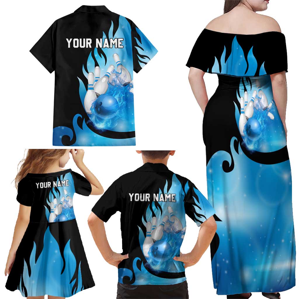 Blue Flame Bowling Ball and Pins Design Family Matching Off Shoulder Maxi Dress and Hawaiian Shirt with Smoke Effects and Custom Team Name Text - Wonder Print Shop