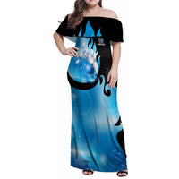 Blue Flame Bowling Ball and Pins Design Family Matching Off Shoulder Maxi Dress and Hawaiian Shirt with Smoke Effects and Custom Team Name Text - Wonder Print Shop