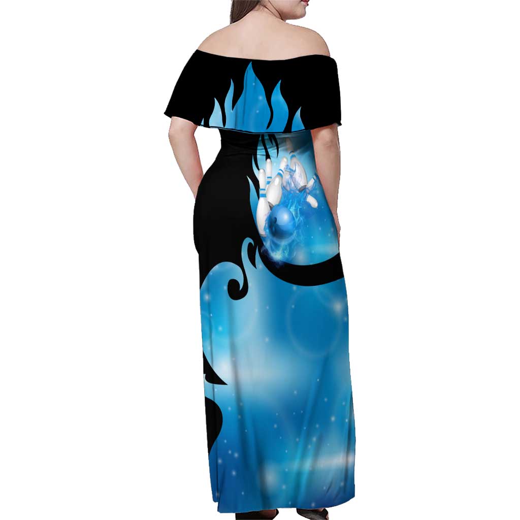 Blue Flame Bowling Ball and Pins Design Family Matching Off Shoulder Maxi Dress and Hawaiian Shirt with Smoke Effects and Custom Team Name Text - Wonder Print Shop
