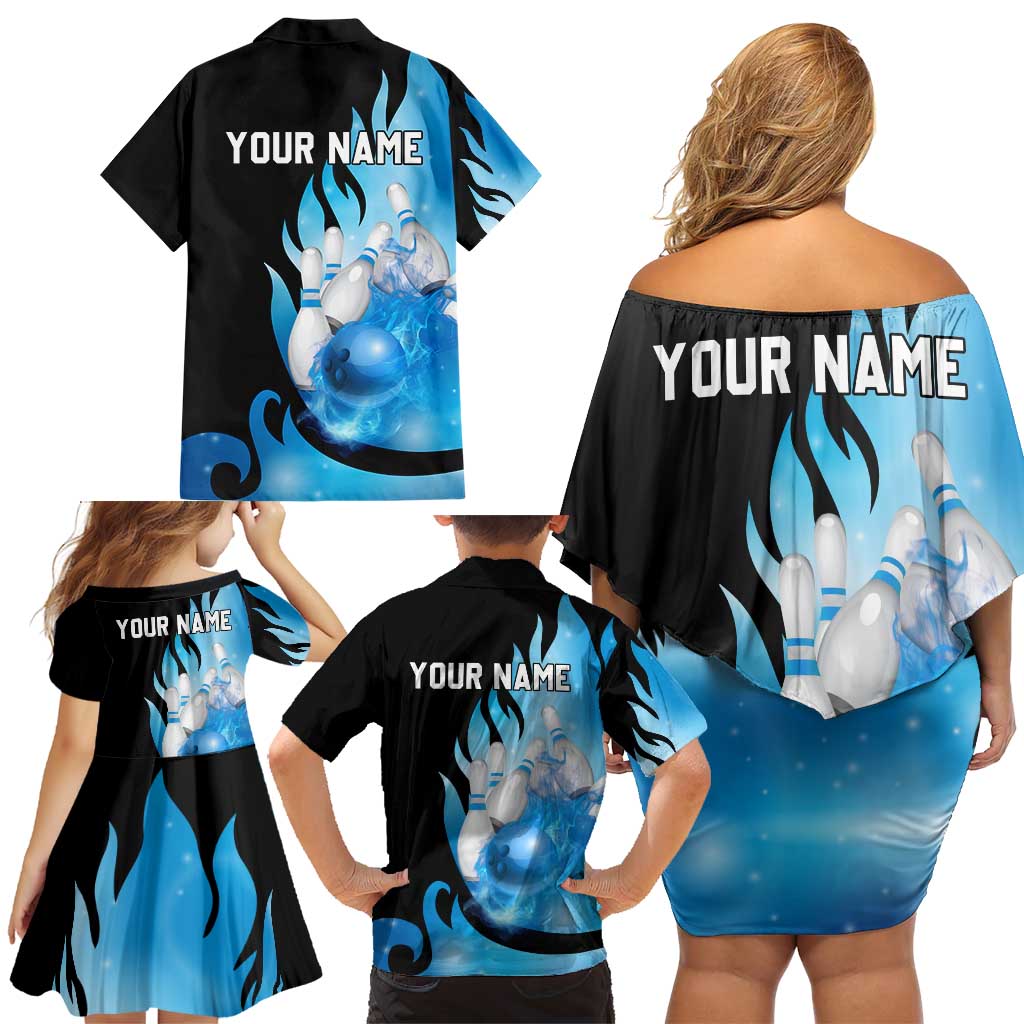 Blue Flame Bowling Ball and Pins Design Family Matching Off Shoulder Short Dress and Hawaiian Shirt with Smoke Effects and Custom Team Name Text - Wonder Print Shop