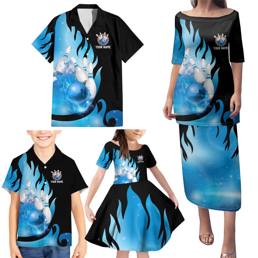 Blue Flame Bowling Ball and Pins Design Family Matching Puletasi and Hawaiian Shirt with Smoke Effects and Custom Team Name Text - Wonder Print Shop
