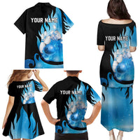 Blue Flame Bowling Ball and Pins Design Family Matching Puletasi and Hawaiian Shirt with Smoke Effects and Custom Team Name Text - Wonder Print Shop