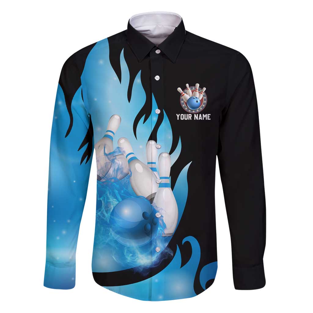 Blue Flame Bowling Ball and Pins Design Family Matching Puletasi and Hawaiian Shirt with Smoke Effects and Custom Team Name Text - Wonder Print Shop