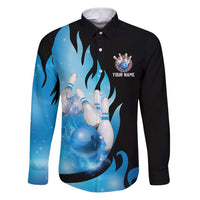 Blue Flame Bowling Ball and Pins Design Family Matching Puletasi and Hawaiian Shirt with Smoke Effects and Custom Team Name Text - Wonder Print Shop