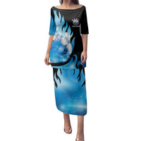 Blue Flame Bowling Ball and Pins Design Family Matching Puletasi and Hawaiian Shirt with Smoke Effects and Custom Team Name Text - Wonder Print Shop