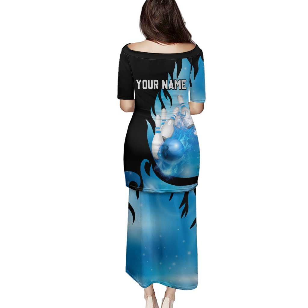 Blue Flame Bowling Ball and Pins Design Family Matching Puletasi and Hawaiian Shirt with Smoke Effects and Custom Team Name Text - Wonder Print Shop