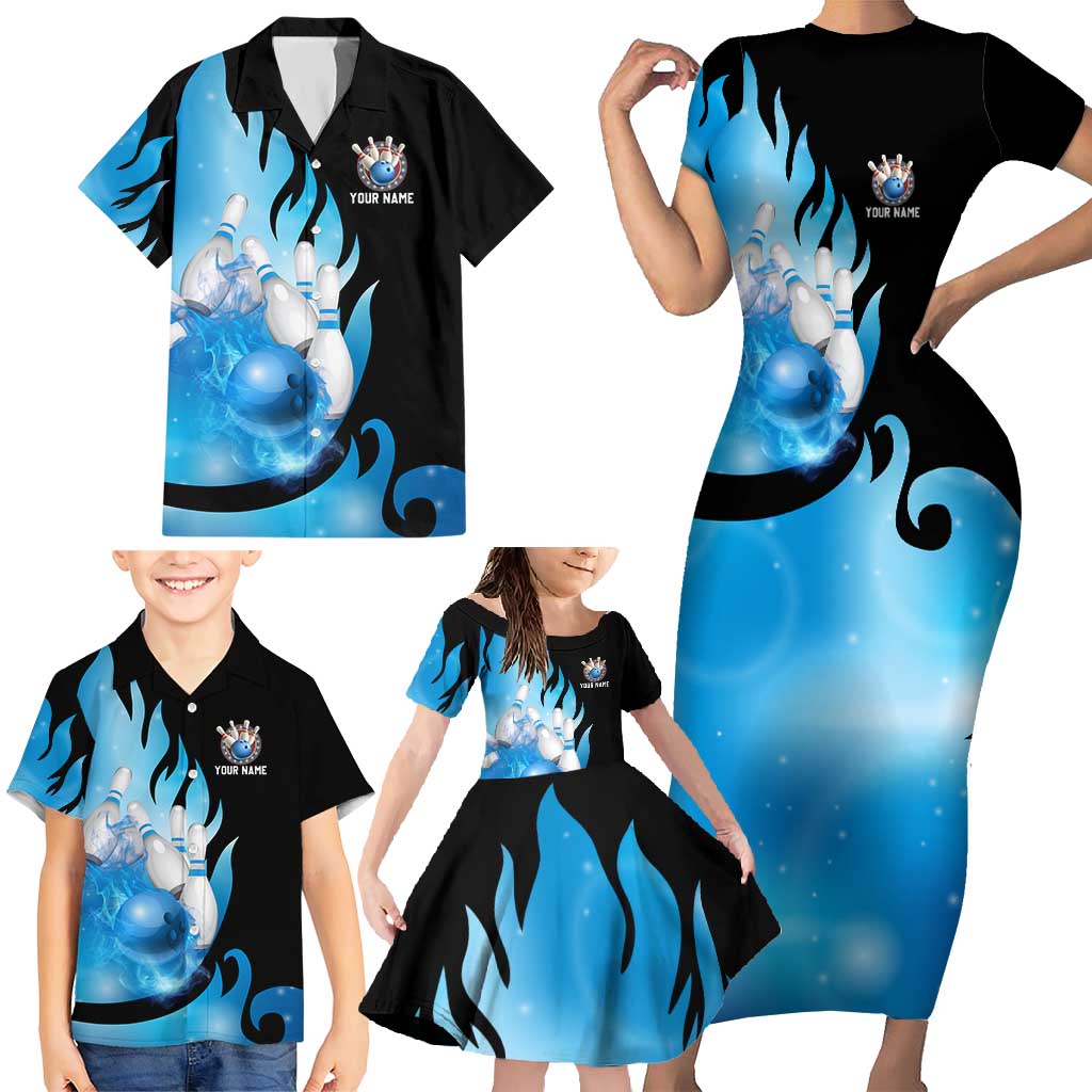 Blue Flame Bowling Ball and Pins Design Family Matching Short Sleeve Bodycon Dress and Hawaiian Shirt with Smoke Effects and Custom Team Name Text - Wonder Print Shop