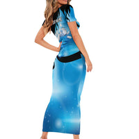 Blue Flame Bowling Ball and Pins Design Family Matching Short Sleeve Bodycon Dress and Hawaiian Shirt with Smoke Effects and Custom Team Name Text - Wonder Print Shop