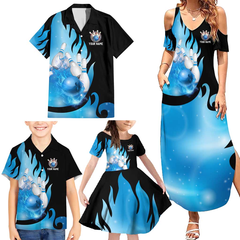 Blue Flame Bowling Ball and Pins Design Family Matching Summer Maxi Dress and Hawaiian Shirt with Smoke Effects and Custom Team Name Text - Wonder Print Shop