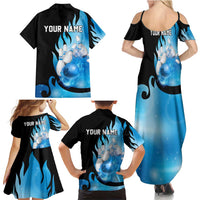 Blue Flame Bowling Ball and Pins Design Family Matching Summer Maxi Dress and Hawaiian Shirt with Smoke Effects and Custom Team Name Text - Wonder Print Shop