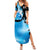Blue Flame Bowling Ball and Pins Design Family Matching Summer Maxi Dress and Hawaiian Shirt with Smoke Effects and Custom Team Name Text - Wonder Print Shop
