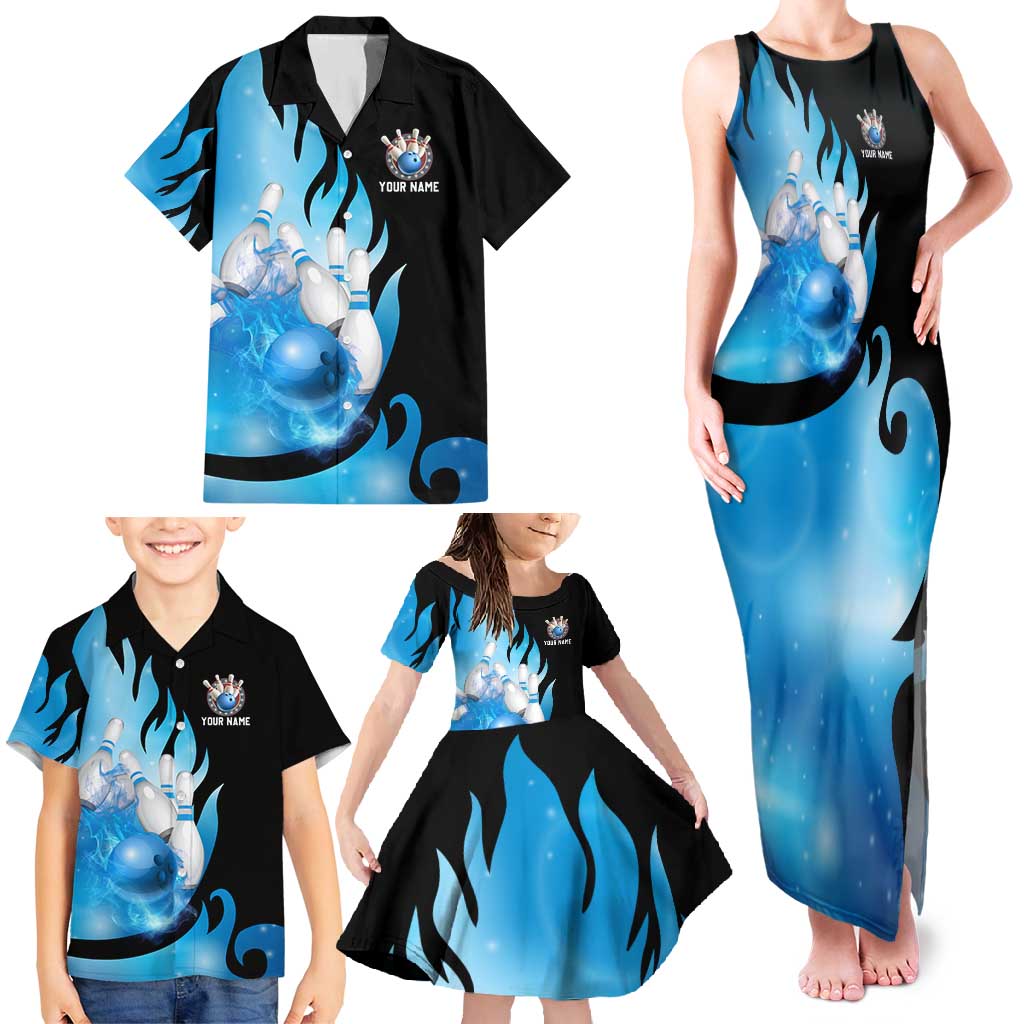 Blue Flame Bowling Ball and Pins Design Family Matching Tank Maxi Dress and Hawaiian Shirt with Smoke Effects and Custom Team Name Text - Wonder Print Shop