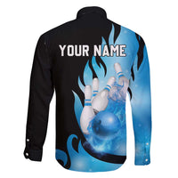 Blue Flame Bowling Ball and Pins Design Family Matching Tank Maxi Dress and Hawaiian Shirt with Smoke Effects and Custom Team Name Text - Wonder Print Shop