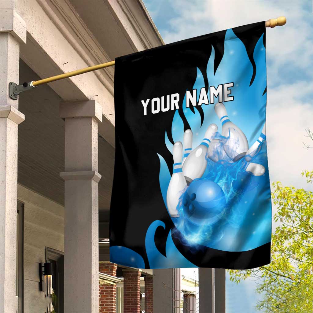Blue Flame Bowling Ball and Pins Design Garden Flag with Smoke Effects and Custom Team Name Text - Wonder Print Shop
