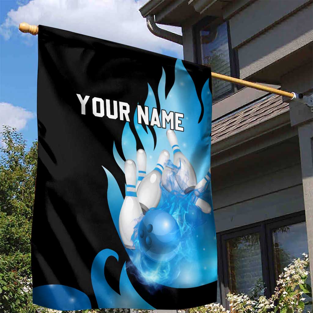 Blue Flame Bowling Ball and Pins Design Garden Flag with Smoke Effects and Custom Team Name Text - Wonder Print Shop
