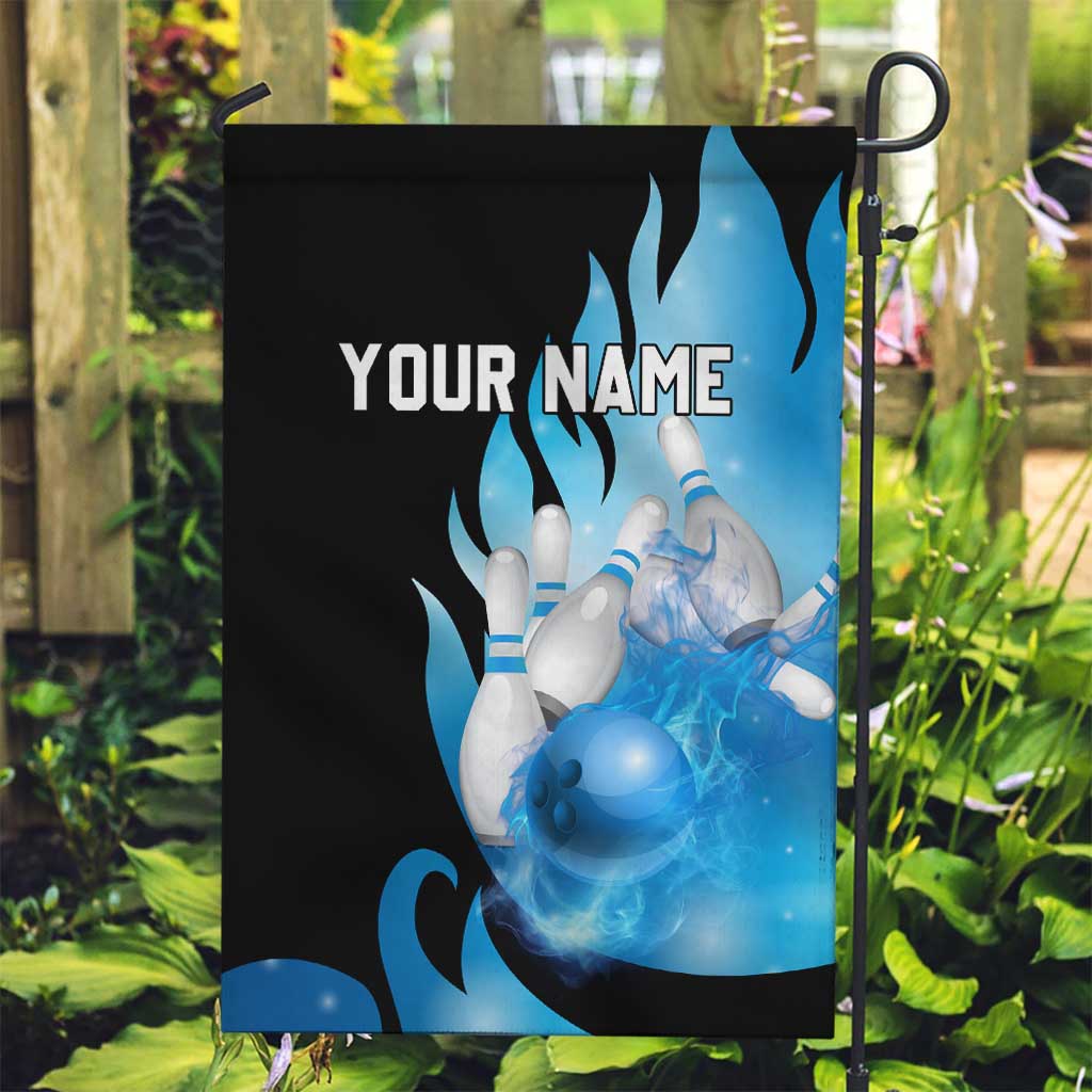 Blue Flame Bowling Ball and Pins Design Garden Flag with Smoke Effects and Custom Team Name Text - Wonder Print Shop