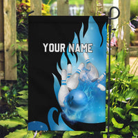 Blue Flame Bowling Ball and Pins Design Garden Flag with Smoke Effects and Custom Team Name Text - Wonder Print Shop