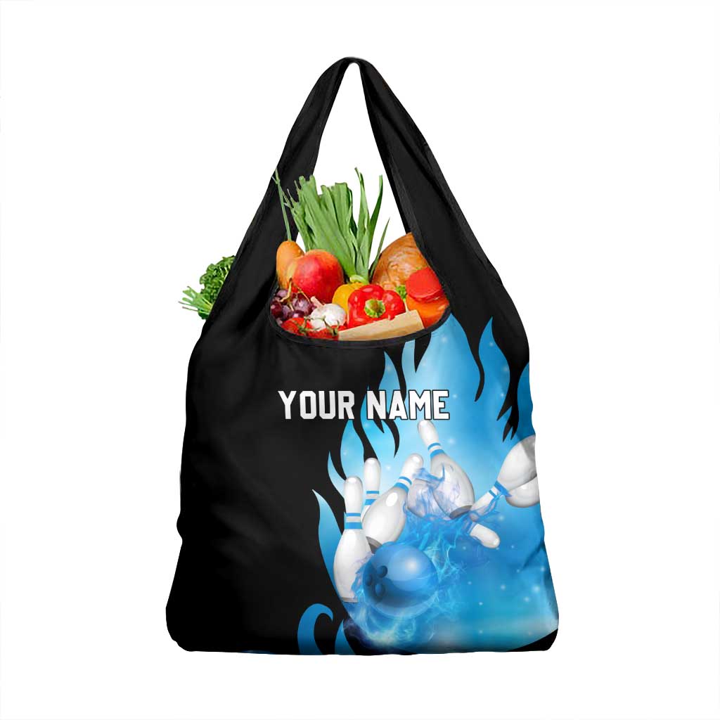 Blue Flame Bowling Ball and Pins Design Grocery Bag with Smoke Effects and Custom Team Name Text - Wonder Print Shop