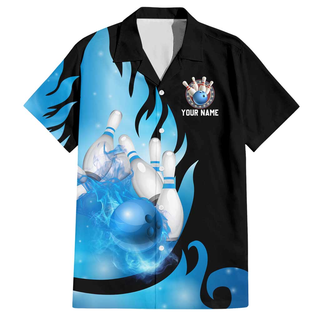 Blue Flame Bowling Ball and Pins Design Hawaiian Shirt with Smoke Effects and Custom Team Name Text - Wonder Print Shop