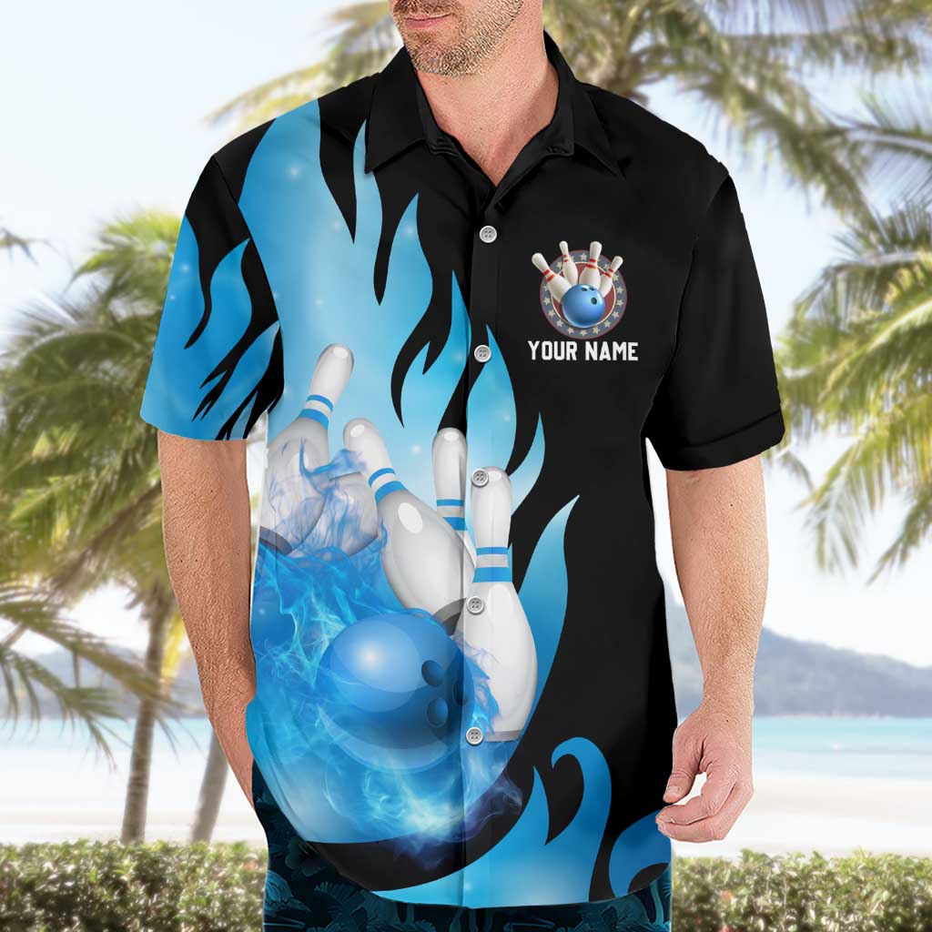 Blue Flame Bowling Ball and Pins Design Hawaiian Shirt with Smoke Effects and Custom Team Name Text - Wonder Print Shop