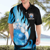 Blue Flame Bowling Ball and Pins Design Hawaiian Shirt with Smoke Effects and Custom Team Name Text - Wonder Print Shop