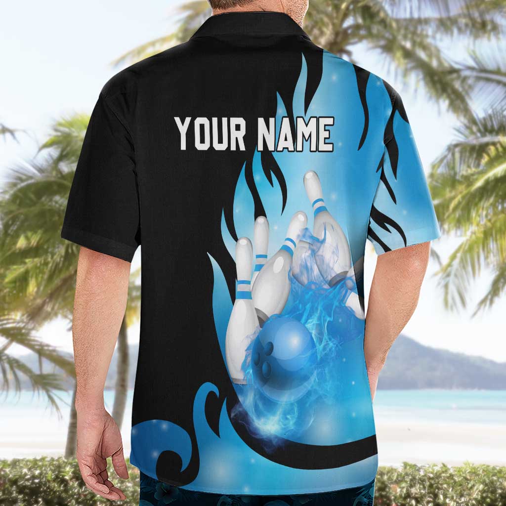 Blue Flame Bowling Ball and Pins Design Hawaiian Shirt with Smoke Effects and Custom Team Name Text - Wonder Print Shop