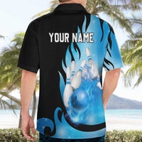 Blue Flame Bowling Ball and Pins Design Hawaiian Shirt with Smoke Effects and Custom Team Name Text - Wonder Print Shop