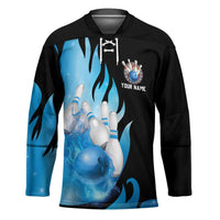 Blue Flame Bowling Ball and Pins Design Hockey Jersey with Smoke Effects and Custom Team Name Text - Wonder Print Shop