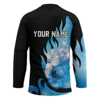 Blue Flame Bowling Ball and Pins Design Hockey Jersey with Smoke Effects and Custom Team Name Text - Wonder Print Shop