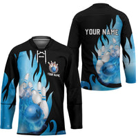 Blue Flame Bowling Ball and Pins Design Hockey Jersey with Smoke Effects and Custom Team Name Text - Wonder Print Shop
