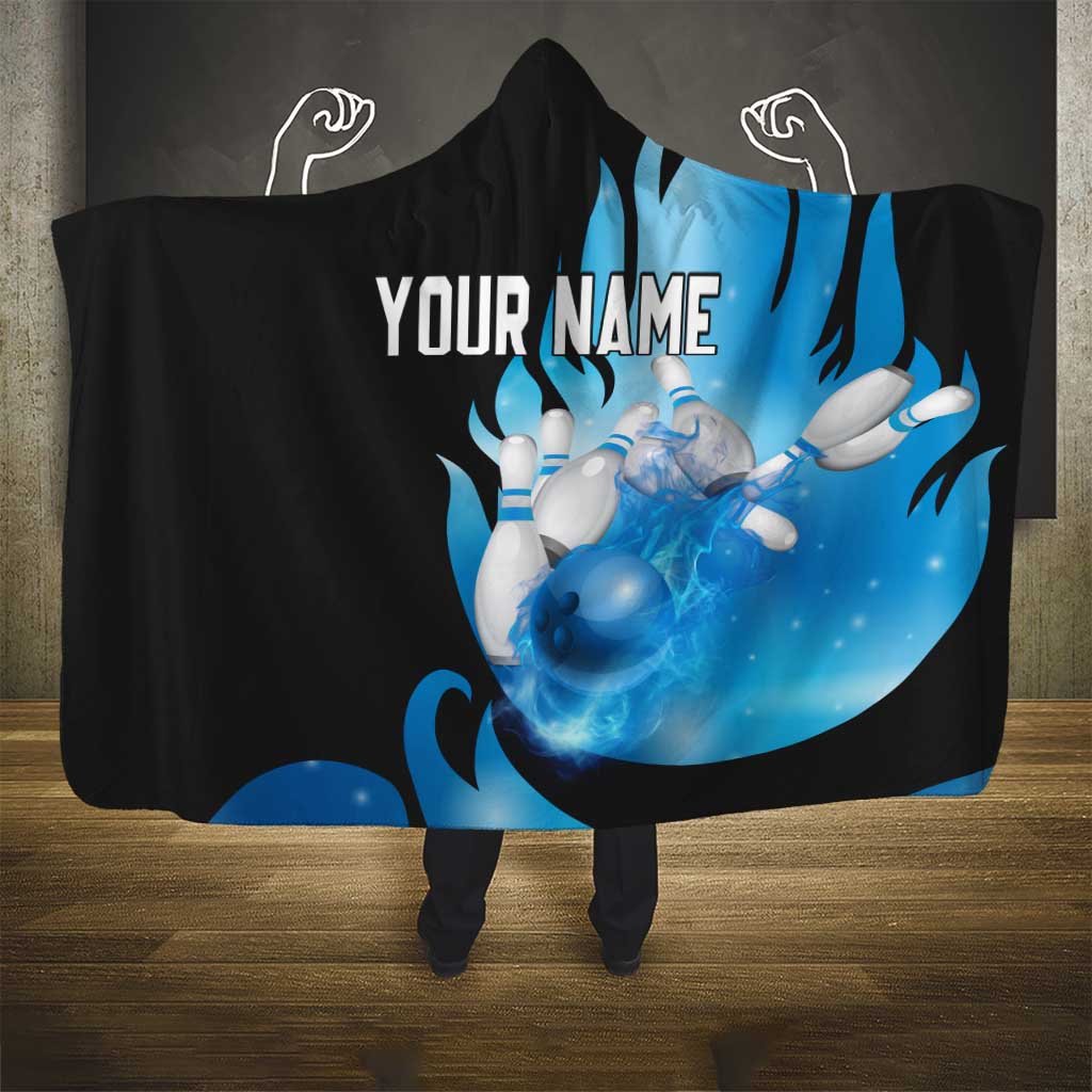 Blue Flame Bowling Ball and Pins Design Hooded Blanket with Smoke Effects and Custom Team Name Text - Wonder Print Shop