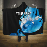 Blue Flame Bowling Ball and Pins Design Hooded Blanket with Smoke Effects and Custom Team Name Text - Wonder Print Shop
