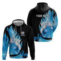 Blue Flame Bowling Ball and Pins Design Hoodie with Smoke Effects and Custom Team Name Text - Wonder Print Shop