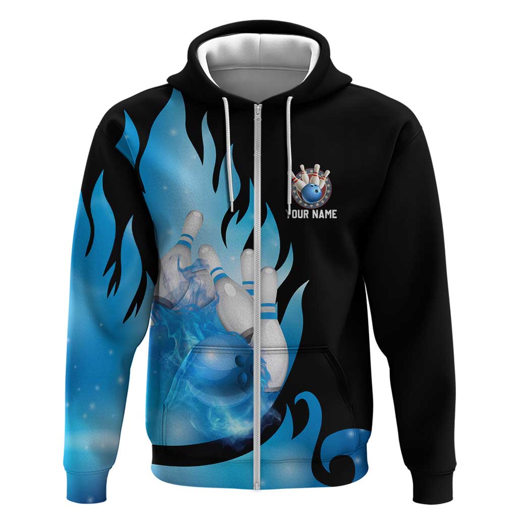 Blue Flame Bowling Ball and Pins Design Hoodie with Smoke Effects and Custom Team Name Text - Wonder Print Shop
