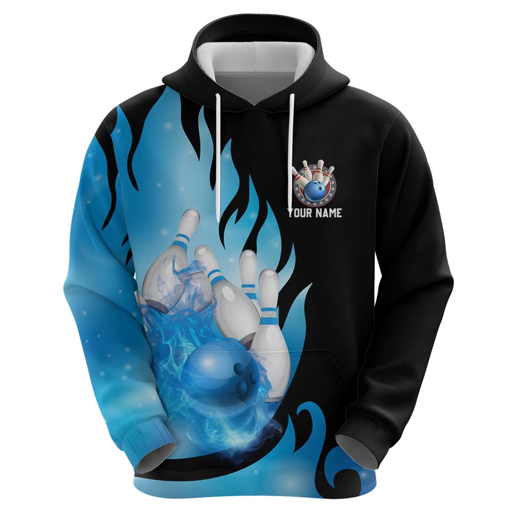 Blue Flame Bowling Ball and Pins Design Hoodie with Smoke Effects and Custom Team Name Text - Wonder Print Shop