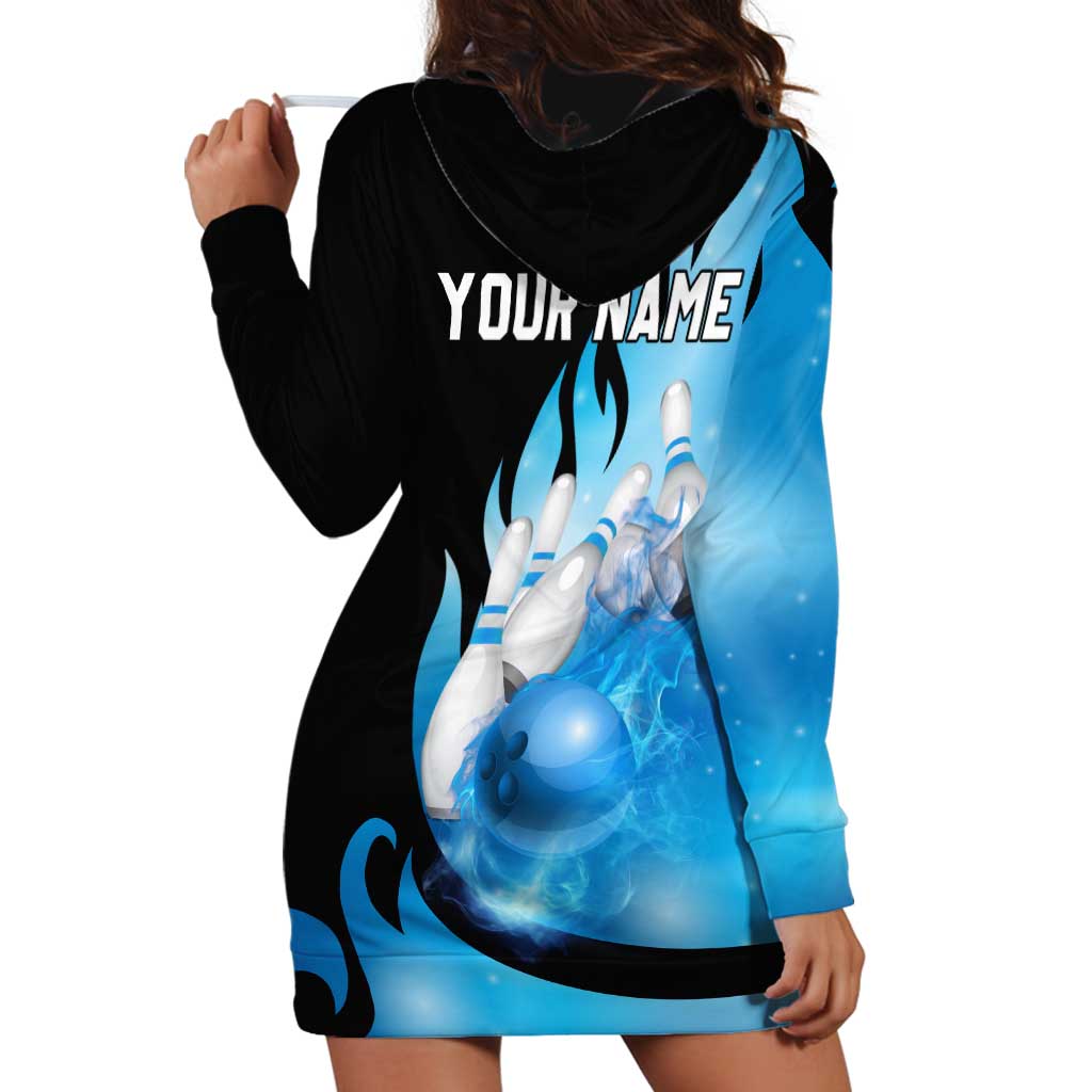 Blue Flame Bowling Ball and Pins Design Hoodie Dress with Smoke Effects and Custom Team Name Text - Wonder Print Shop