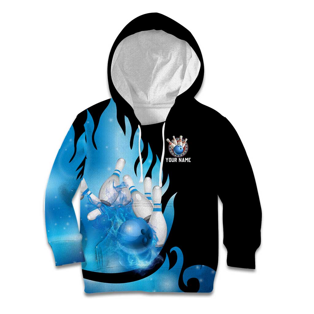 Blue Flame Bowling Ball and Pins Design Kid Hoodie with Smoke Effects and Custom Team Name Text - Wonder Print Shop
