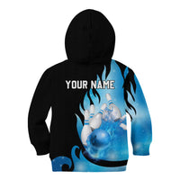 Blue Flame Bowling Ball and Pins Design Kid Hoodie with Smoke Effects and Custom Team Name Text - Wonder Print Shop