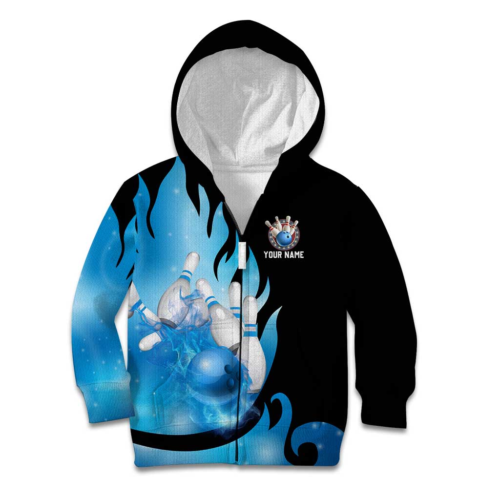 Blue Flame Bowling Ball and Pins Design Kid Hoodie with Smoke Effects and Custom Team Name Text - Wonder Print Shop
