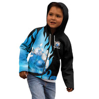 Blue Flame Bowling Ball and Pins Design Kid Hoodie with Smoke Effects and Custom Team Name Text - Wonder Print Shop