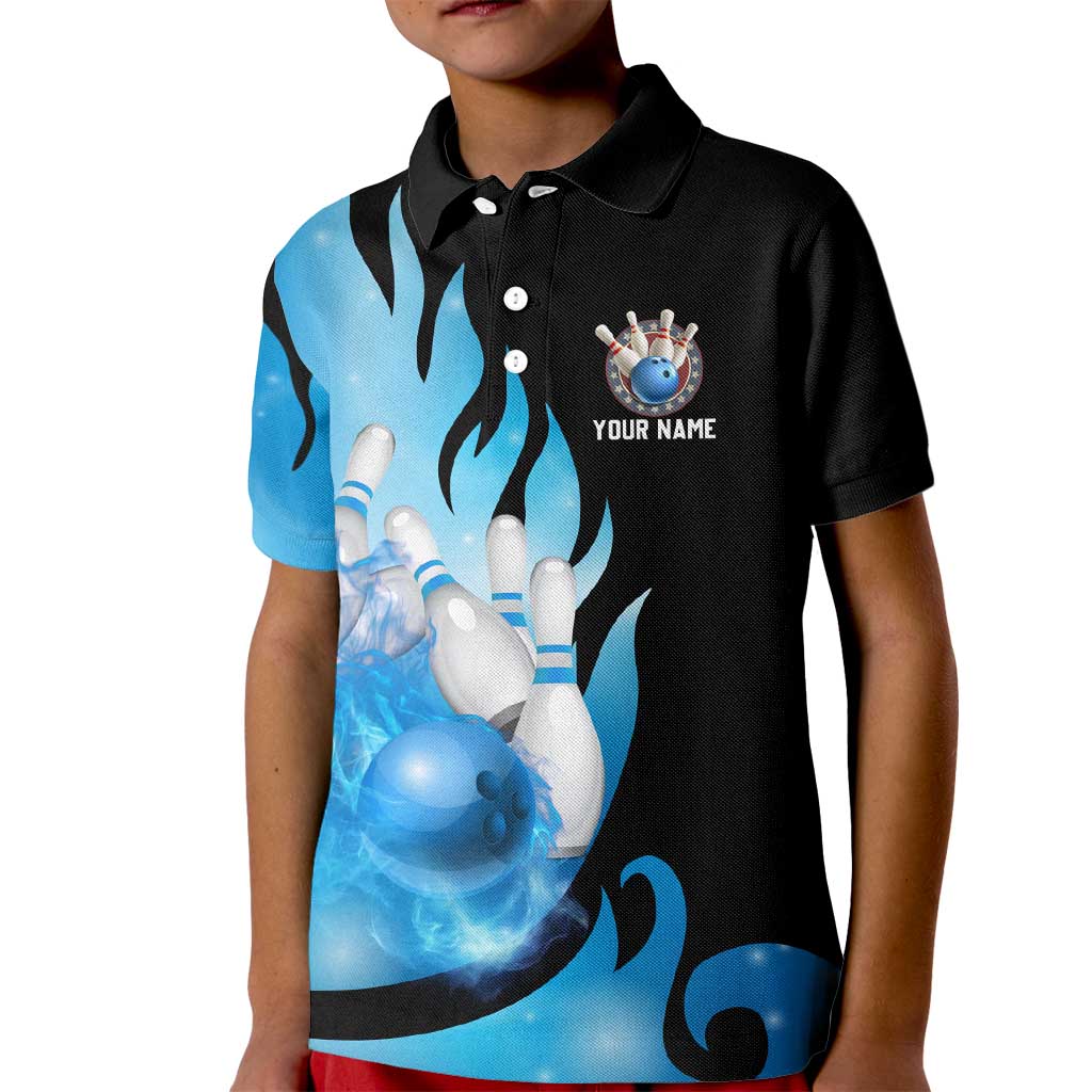 Blue Flame Bowling Ball and Pins Design Kid Polo Shirt with Smoke Effects and Custom Team Name Text - Wonder Print Shop