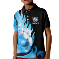 Blue Flame Bowling Ball and Pins Design Kid Polo Shirt with Smoke Effects and Custom Team Name Text - Wonder Print Shop