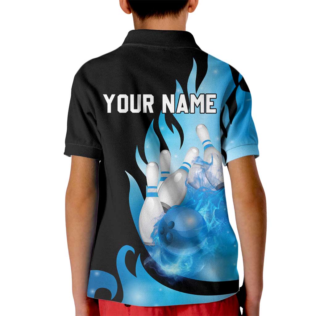 Blue Flame Bowling Ball and Pins Design Kid Polo Shirt with Smoke Effects and Custom Team Name Text - Wonder Print Shop