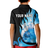 Blue Flame Bowling Ball and Pins Design Kid Polo Shirt with Smoke Effects and Custom Team Name Text - Wonder Print Shop