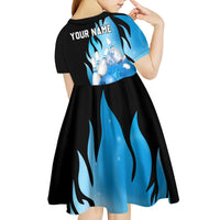 Blue Flame Bowling Ball and Pins Design Kid Short Sleeve Dress with Smoke Effects and Custom Team Name Text - Wonder Print Shop