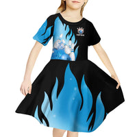 Blue Flame Bowling Ball and Pins Design Kid Short Sleeve Dress with Smoke Effects and Custom Team Name Text - Wonder Print Shop