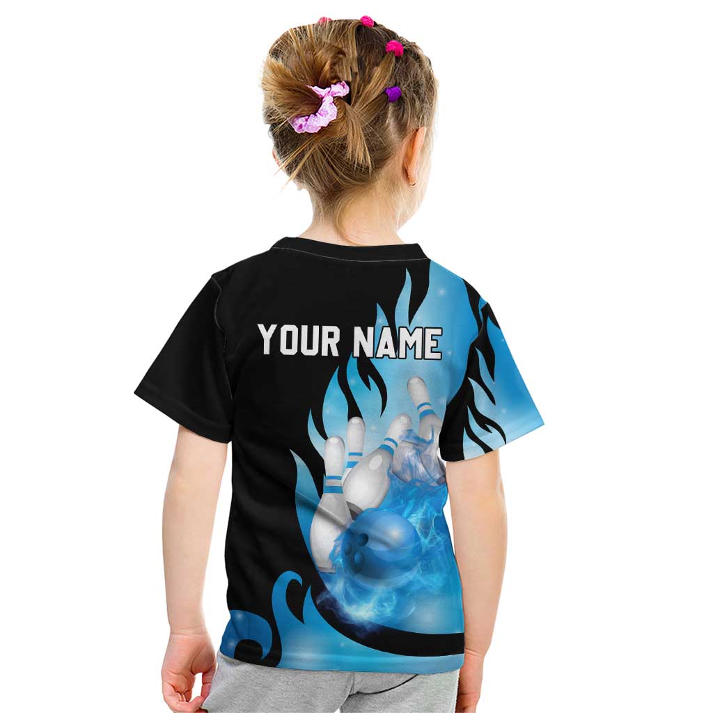 Blue Flame Bowling Ball and Pins Design Kid T Shirt with Smoke Effects and Custom Team Name Text - Wonder Print Shop