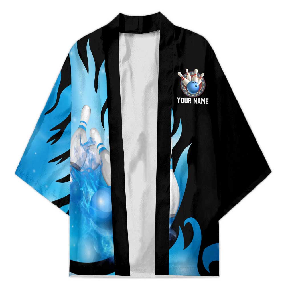 Blue Flame Bowling Ball and Pins Design Kimono with Smoke Effects and Custom Team Name Text - Wonder Print Shop