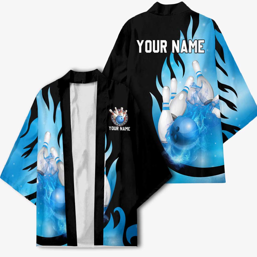 Blue Flame Bowling Ball and Pins Design Kimono with Smoke Effects and Custom Team Name Text - Wonder Print Shop